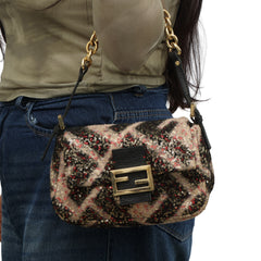 FENDI ZUCCA SEQUIN BAGUETTE CHAIN SHOULDER BAG