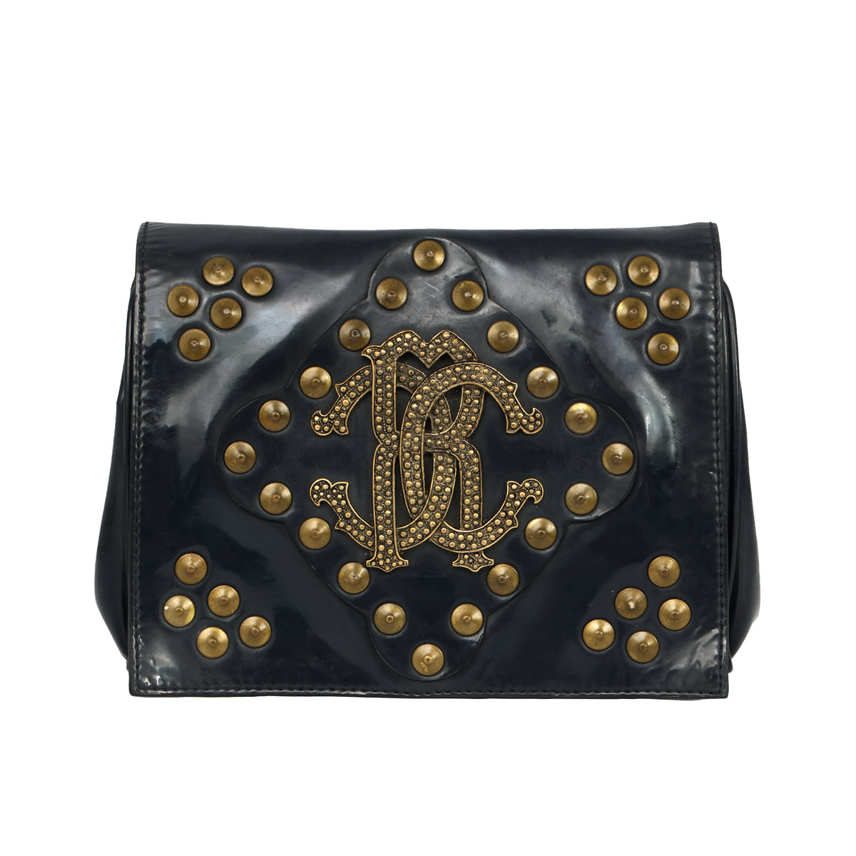 ROBEBERTO CAVALLI PROMINENT GOLD-TONEMONOGRAM LOGO CLUTCH