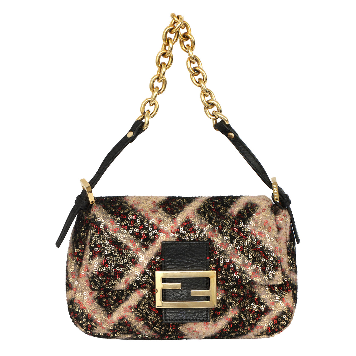 FENDI ZUCCA SEQUIN BAGUETTE CHAIN SHOULDER BAG