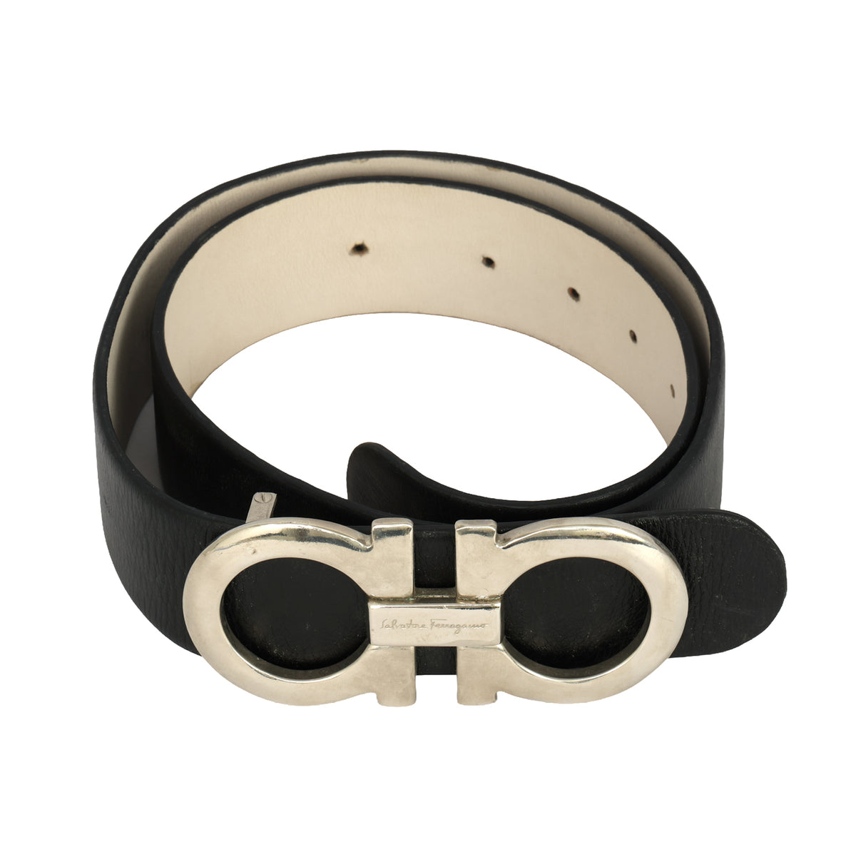 SALVATORE FERRAGAMO 105 CM I 42 INCHES GANCINI REVERSIBLE SILVER BUCKLE BELT