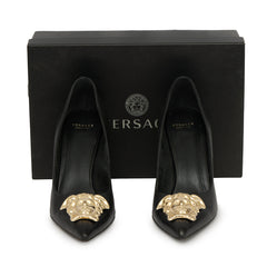 VERSACE EU 38 GOLD MEDUSA EMBLEM STILETTO HEELS