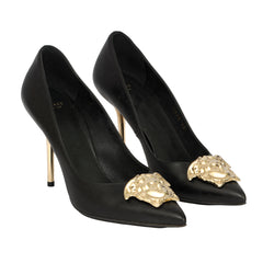 VERSACE EU 38 GOLD MEDUSA EMBLEM STILETTO HEELS
