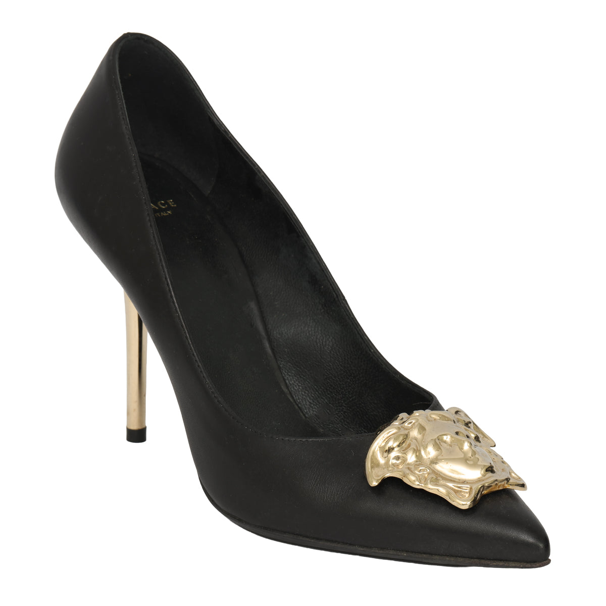 VERSACE EU 38 GOLD MEDUSA EMBLEM STILETTO HEELS