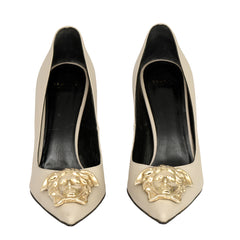 VERSACE EU 37.5 GOLD MEDUSA EMBLEM STILETTO HEELS