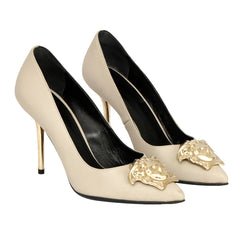 VERSACE EU 37.5 GOLD MEDUSA EMBLEM STILETTO HEELS