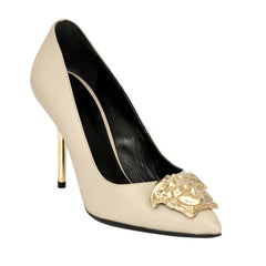 VERSACE EU 37.5 GOLD MEDUSA EMBLEM STILETTO HEELS
