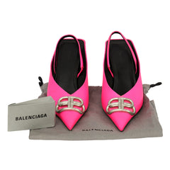 BALENCIAGA EU 37 SQUARE KNIFE BB SLINGBACK NEON SATIN HEELS