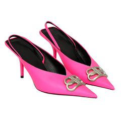 BALENCIAGA EU 37 SQUARE KNIFE BB SLINGBACK NEON SATIN HEELS