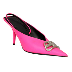 BALENCIAGA EU 37 SQUARE KNIFE BB SLINGBACK NEON SATIN HEELS