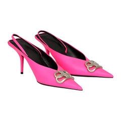 BALENCIAGA EU 37 SQUARE KNIFE BB SLINGBACK NEON SATIN HEELS