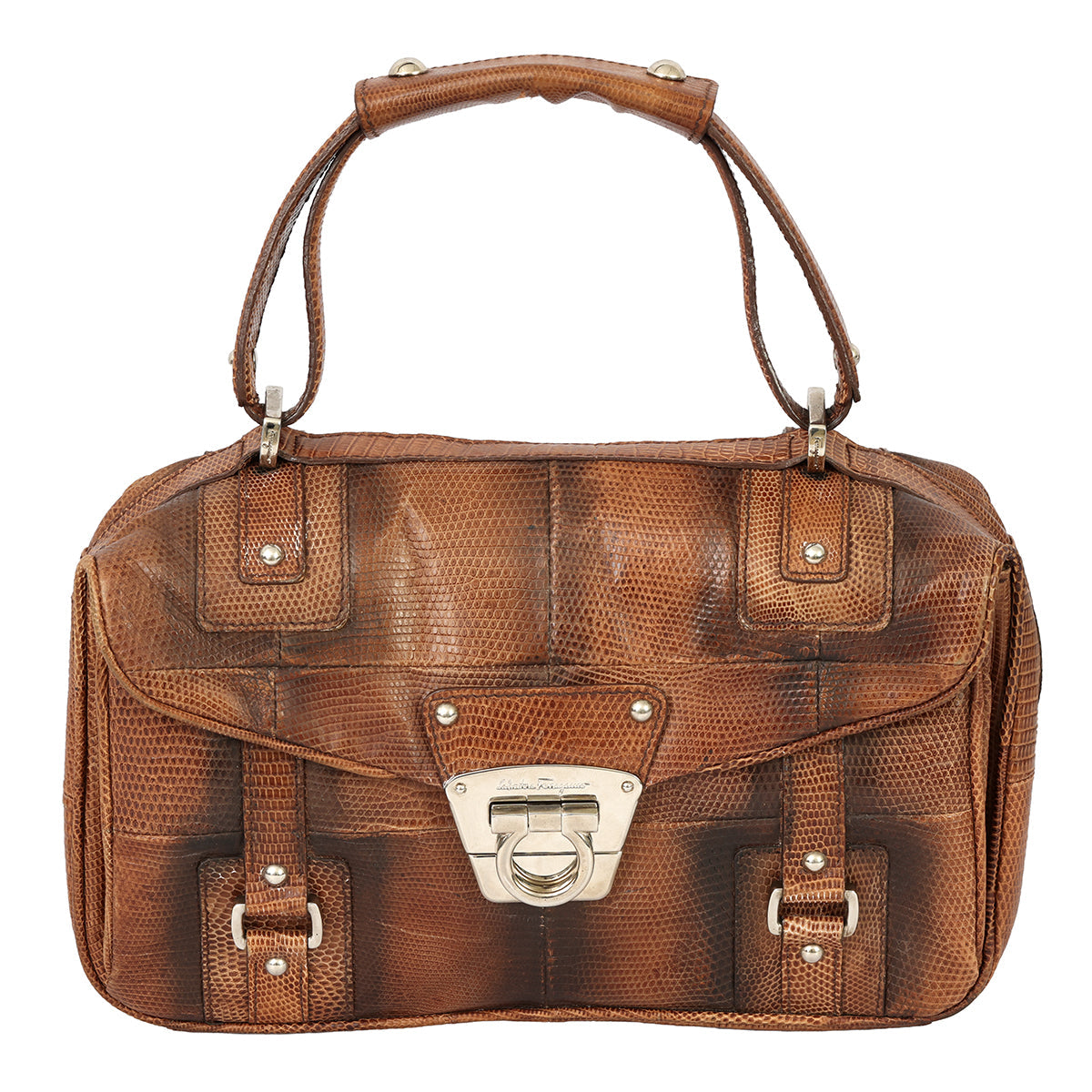 SALVATORE FERRAGAMO GANCINI LOCK SMALL LIZARD FLAP TOP HANDLE BAG 