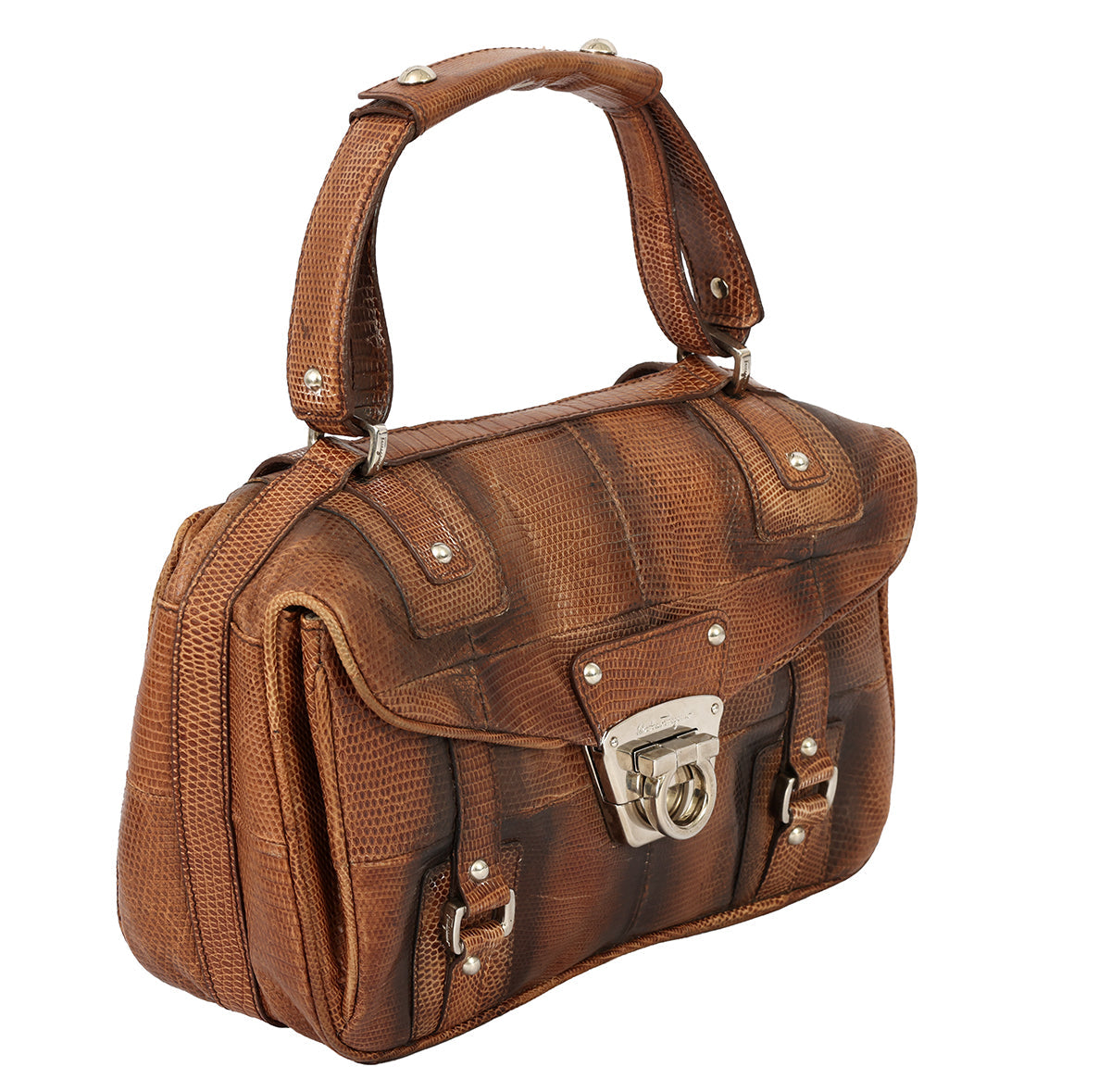 SALVATORE FERRAGAMO GANCINI LOCK SMALL LIZARD FLAP TOP HANDLE BAG 