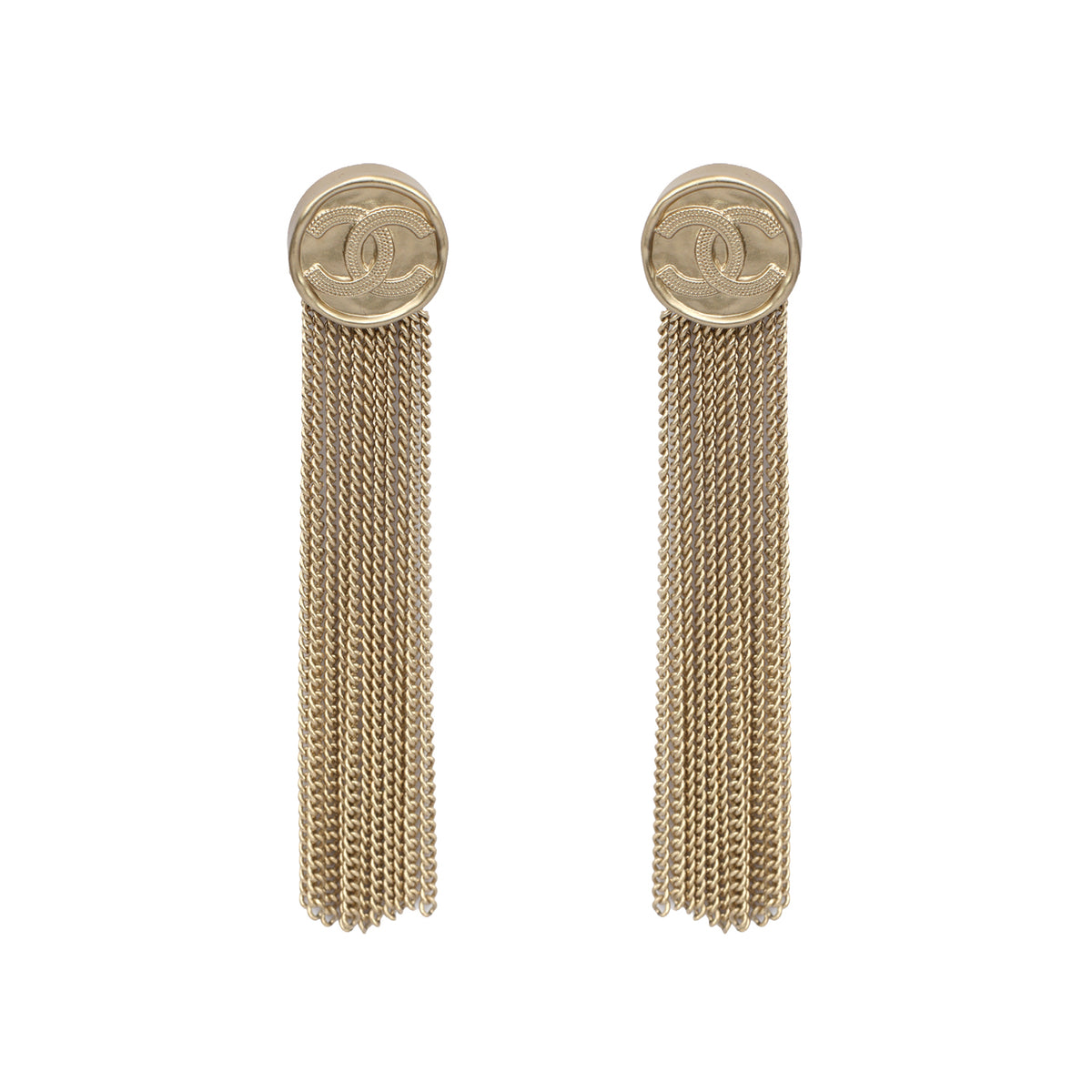 CHANEL ROUND CC MEDALLION TASSEL FRINGE EARRINGS