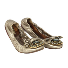 MIU MIU EU 36.5 GOLD JEWELLED LEATHER BALLET
