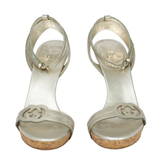 GUCCI SILVER SIZE 39.5 LEATHER GG ANKLE STRAP HEELS