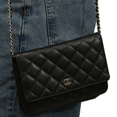 CHANEL QUILTED BLACK WALLET ON CHAIN HANDBAG