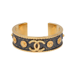 CHANEL DENIM AND GOLD METAL CUFF BRACELET