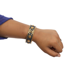 CHANEL DENIM AND GOLD METAL CUFF BRACELET
