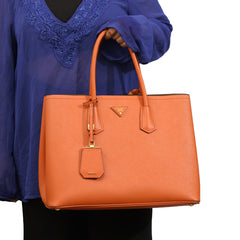 PRADA ORANGE SAFFINO LEATHER DOUBLE  HANDLE TOTE BAG