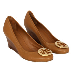 TORY BURCH EU 38.5 TAN LEATHER PEEP TOE WEDGES