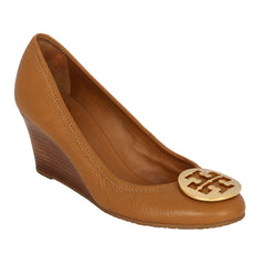 TORY BURCH EU 38.5 TAN LEATHER PEEP TOE WEDGES