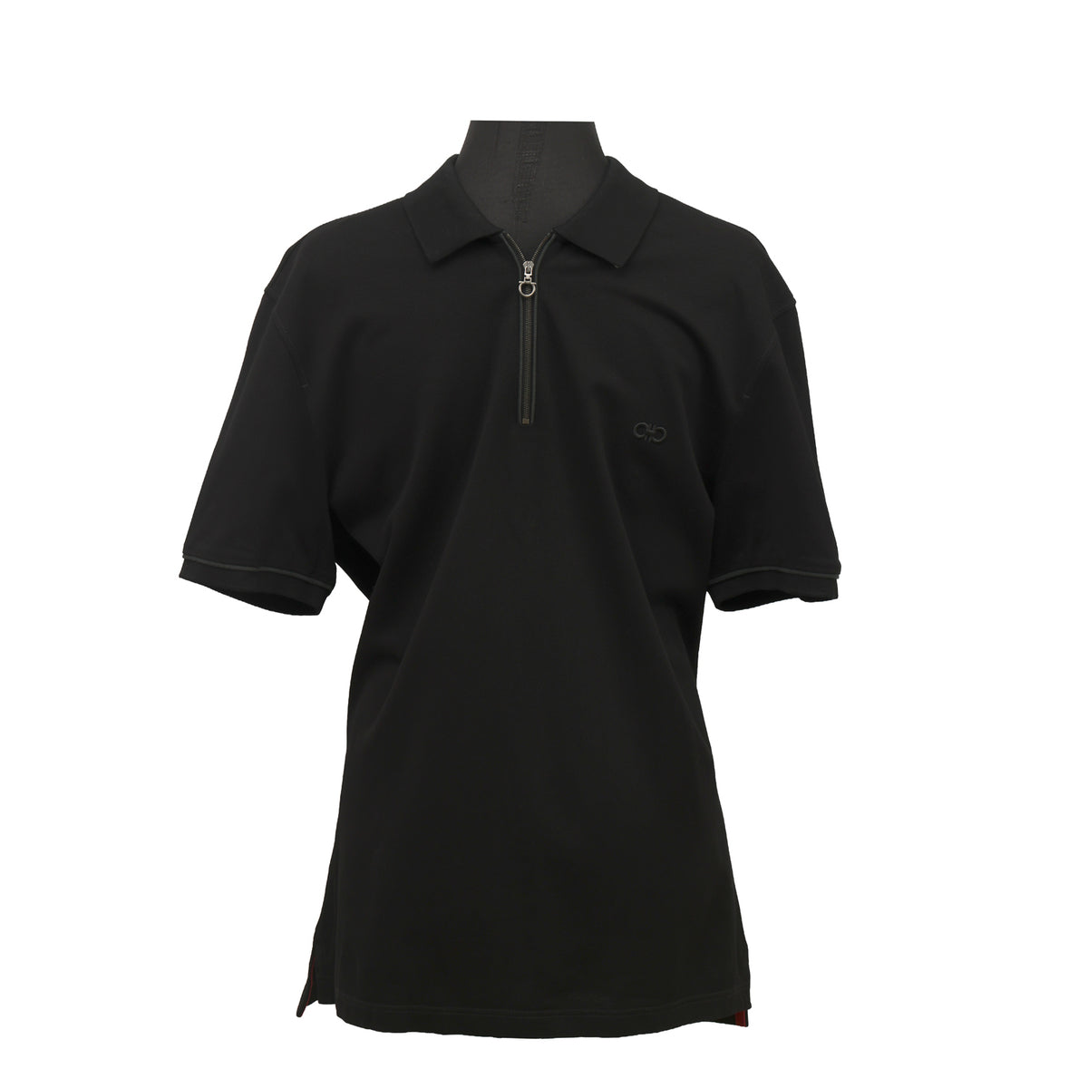 SALVATORE FERRAGAMO SIZE-XL BLACK POLO ZIP COLLAR T-SHIRT