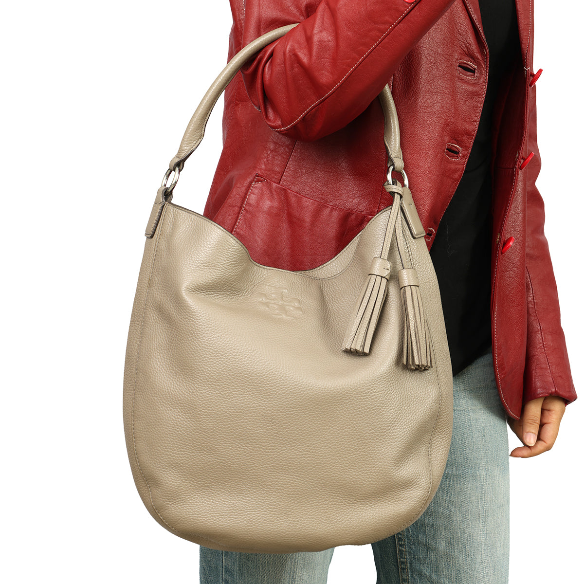 TORY BURCH GREY LEATHER THEA HOBO 