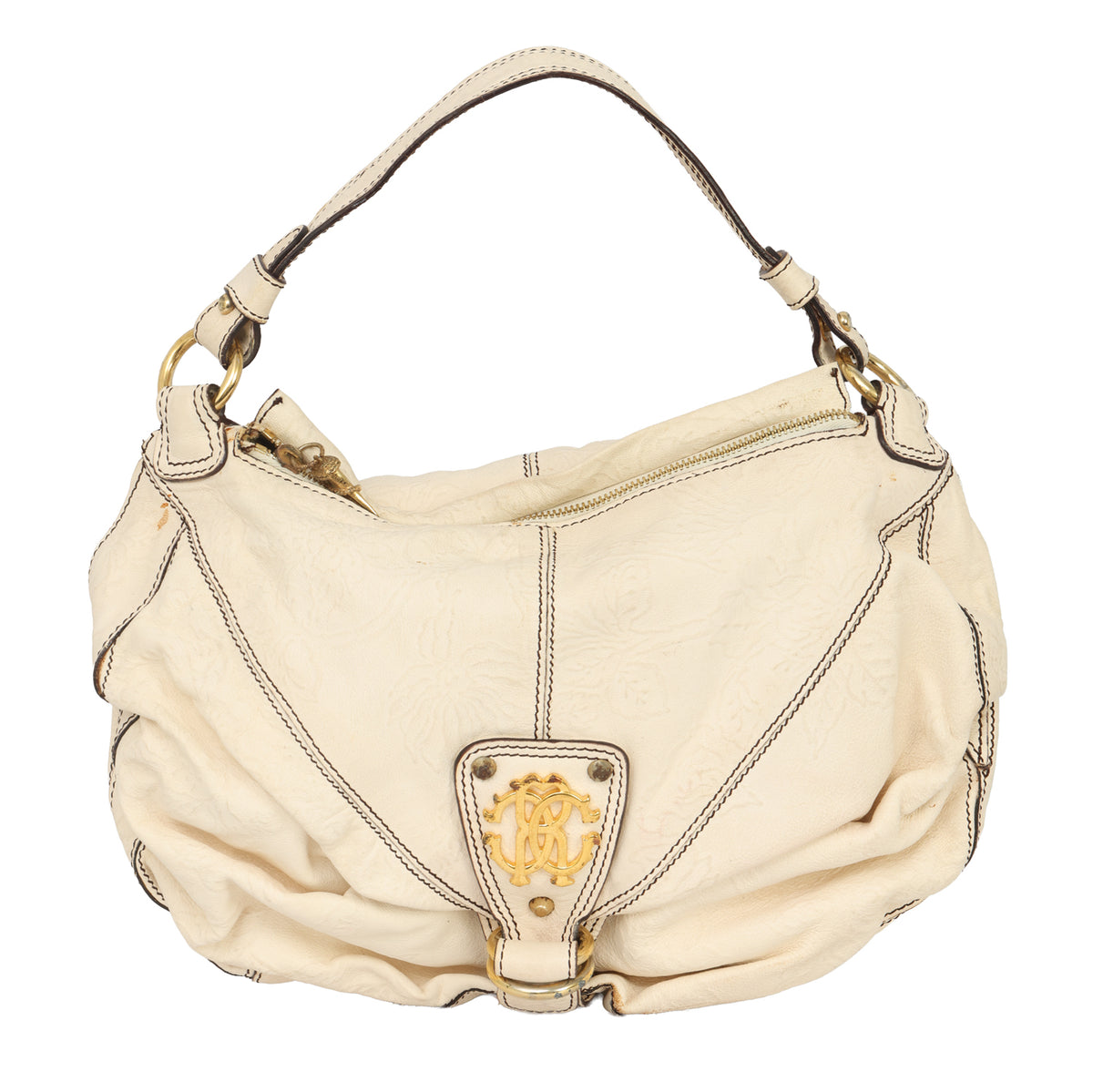 Roberto Cavalli Ruched Leather RC Crest Hobo Bag
