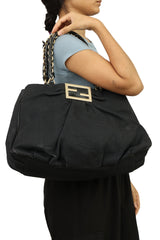Fendi Black Textured Fabric Mia Shoulder Bag