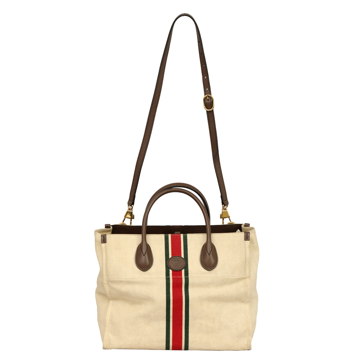 GUCCI CANVAS CALFSKIN WEB RETRO INTERLOCKING G TOTE BAG