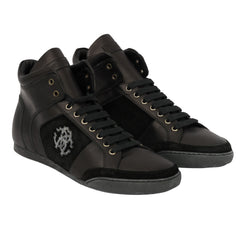 ROBERTO CAVALLI EU 44 SLEEK BLACK HIGH-TOP LACE UP SNEAKERS