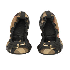 BURBERRY EU 35.5 NOVA CHECK PATTERN GOLD BUCKLE FLATS