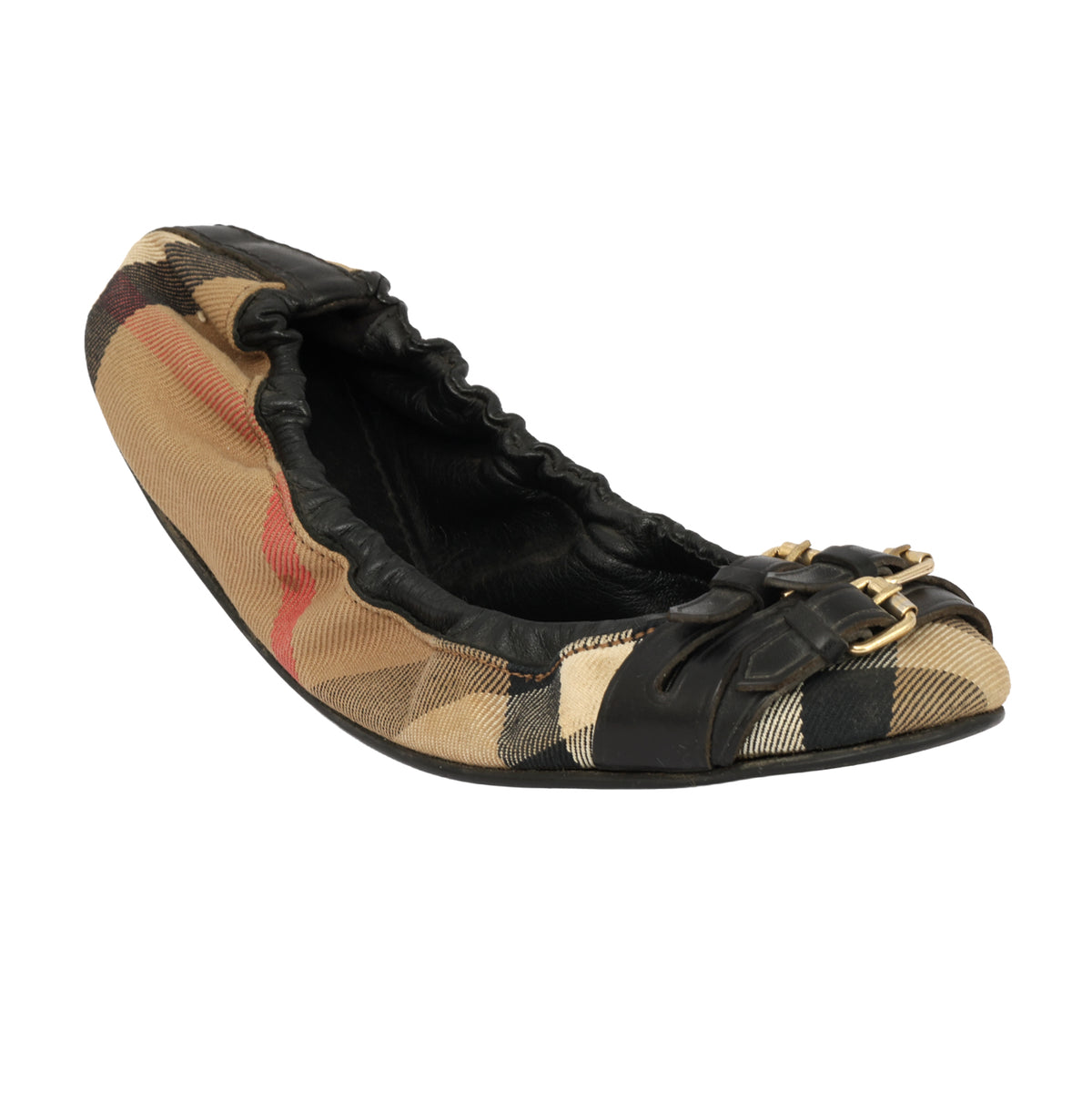 BURBERRY EU 35.5 NOVA CHECK PATTERN GOLD BUCKLE FLATS