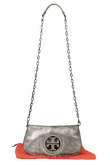 Tory Burch Silver Exotic Leather Logo Shoulder Bag