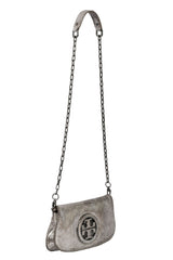 Tory Burch Silver Exotic Leather Logo Shoulder Bag