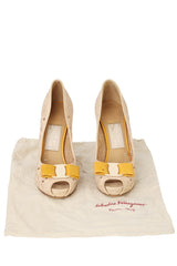 Salvatore Ferragamo Size-Uk 7 Floral Embroidered Plum Vara Bow Peep Toe Pumps