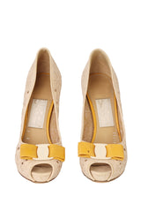 Salvatore Ferragamo Size-Uk 7 Floral Embroidered Plum Vara Bow Peep Toe Pumps