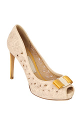 Salvatore Ferragamo Size-Uk 7 Floral Embroidered Plum Vara Bow Peep Toe Pumps