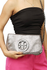 Tory Burch Silver Exotic Leather Logo Shoulder Bag