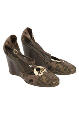 Fendi Size 39.5 Zucca Canvas And Leather Wedge Sandals