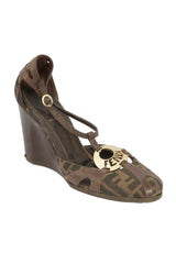 Fendi Size 39.5 Zucca Canvas And Leather Wedge Sandals