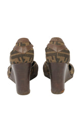 Fendi Size 39.5 Zucca Canvas And Leather Wedge Sandals