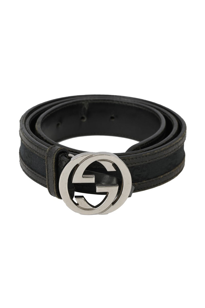 Gucci Size-85Cm/ 34 Inch Monogram Canvas And Leather Gg Interlocking Buckle Belt