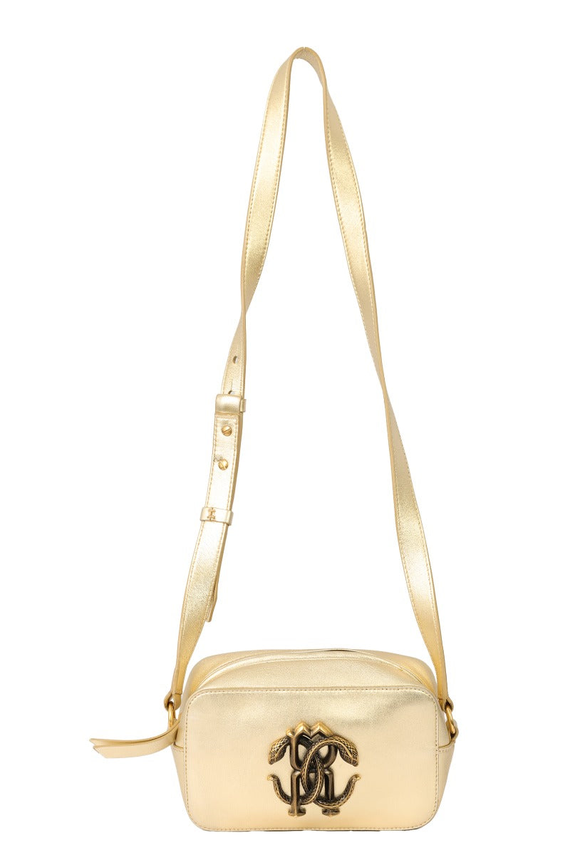 Roberto Cavalli Metallic Gold Snake Logo Crossbody Bag