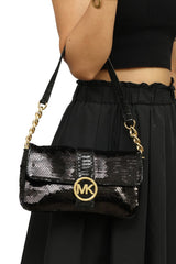 Micheal Kors Black Sequins And Python Effect Leather Flap Shoulder Bag