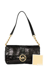 Micheal Kors Black Sequins And Python Effect Leather Flap Shoulder Bag