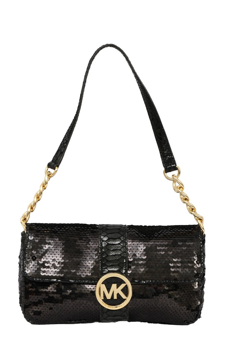 Micheal Kors Black Sequins And Python Effect Leather Flap Shoulder Bag
