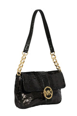 Micheal Kors Black Sequins And Python Effect Leather Flap Shoulder Bag