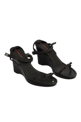 Prada Size-37.5 Black Bow Wedge Sandals