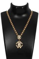 Roberto Cavalli Gold Tone Crystal Embedded Logo Necklace